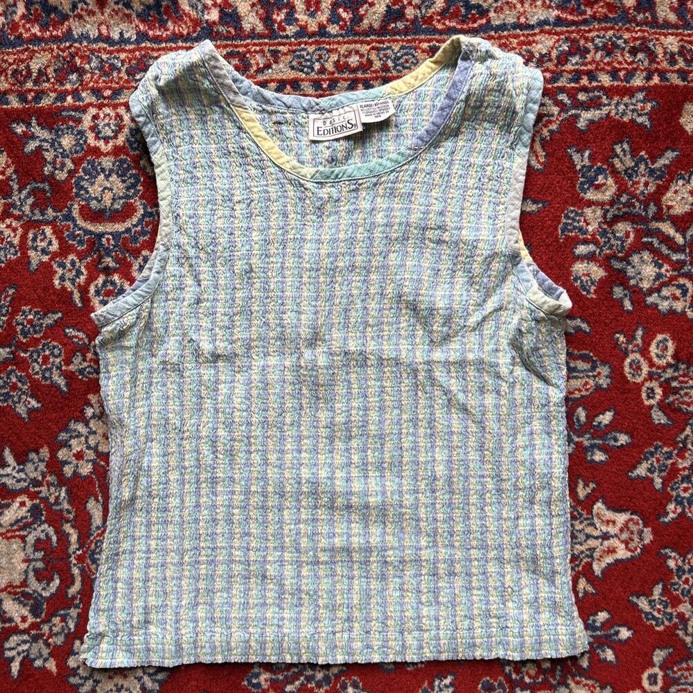 Basic Editions Plaid Seersucker Sleeveless Shirt Top Green Purple Womens XL